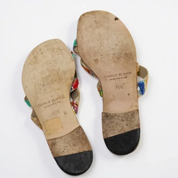 Manolo Blahnik Susa Spatter Paint Cork Flat Sandal Size 6.5 - Picture 10 of 10